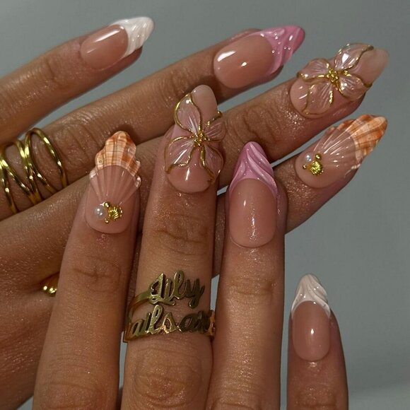 Press on Nail with 3D Flower & White French Tip | Fake Nail in Medium Almond - Picture 2 of 5